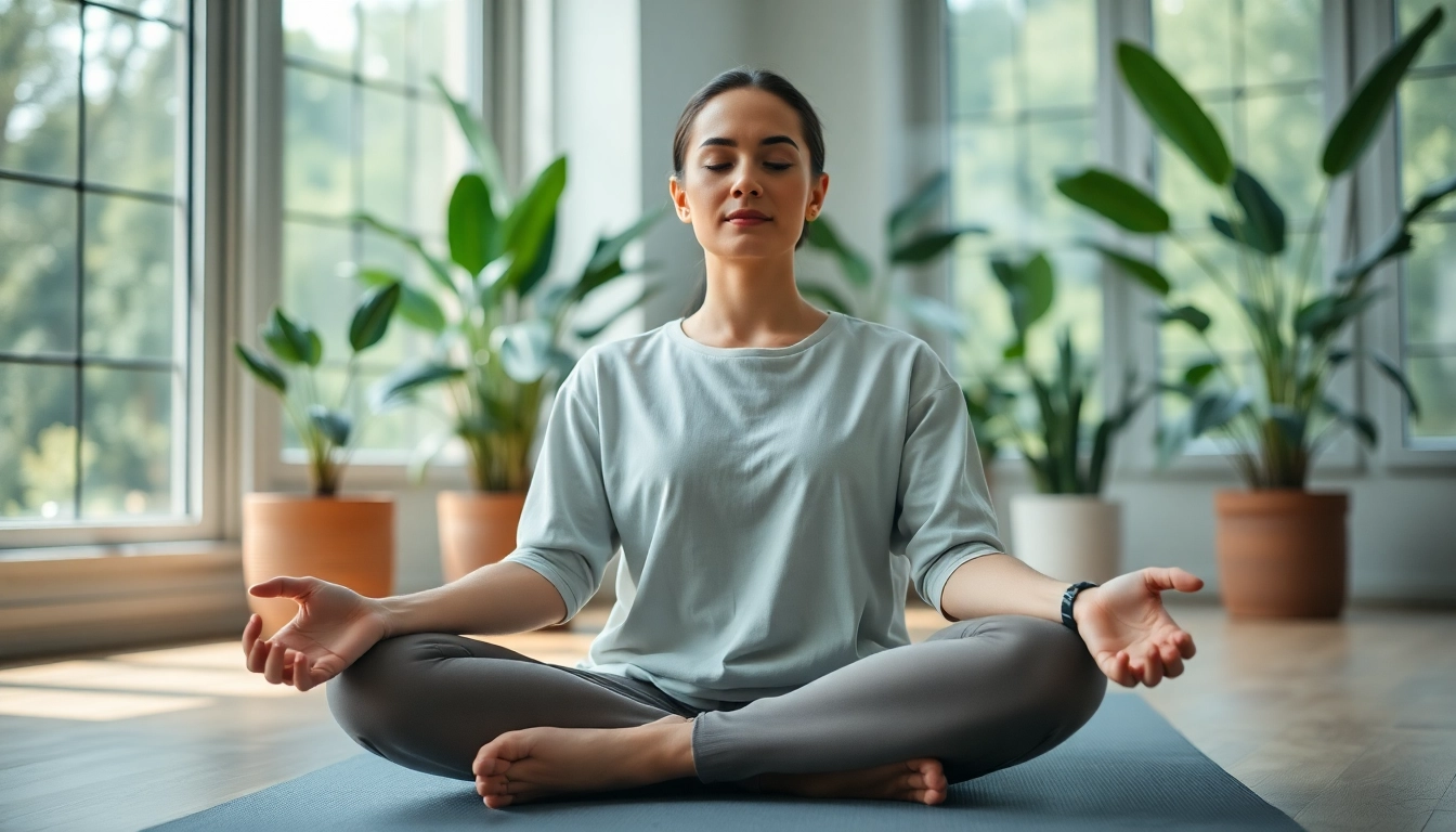 Practicing relaxation techniques for dealing with anxiety in a calming indoor environment.