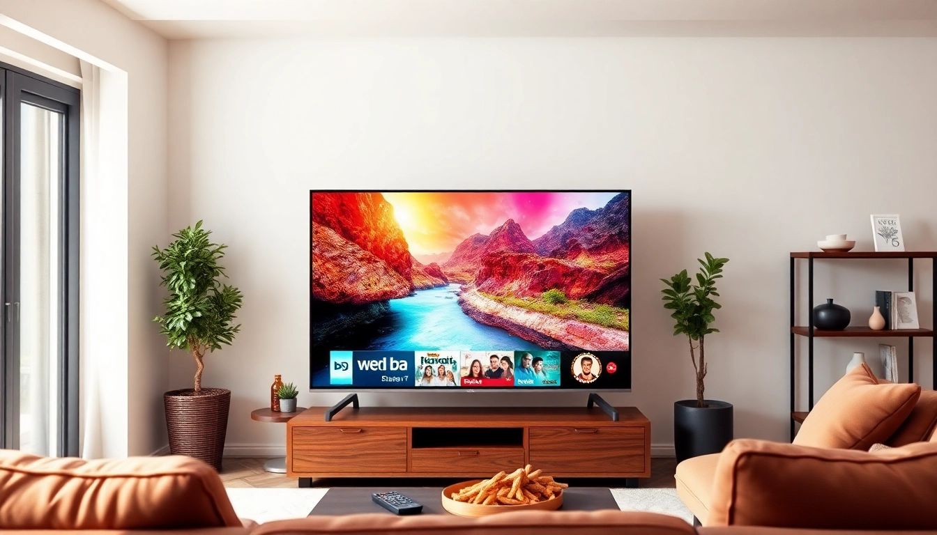 Comprar IPTV en una configuración moderna de streaming en una sala de estar iluminada.