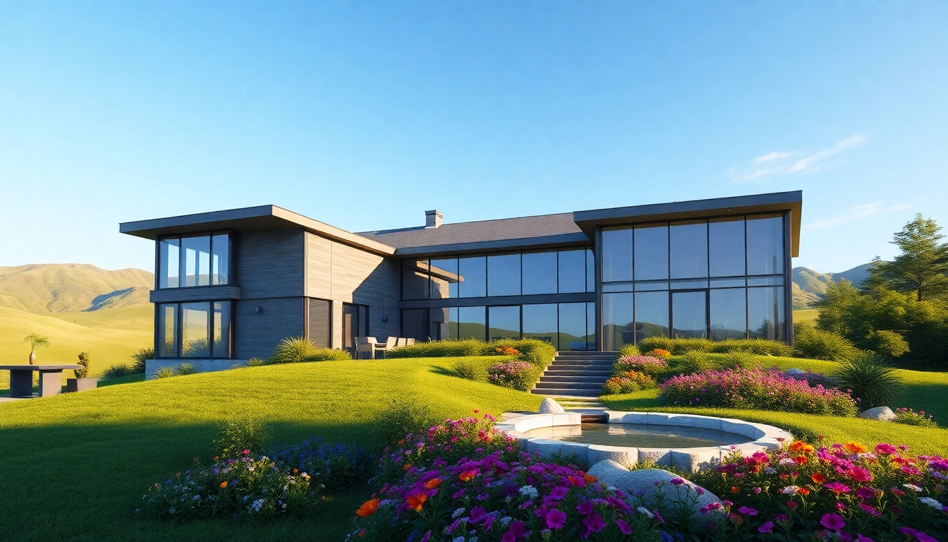 Architektur Visualisierung eines modernen Hauses mit eleganter Landschaftsgestaltung.