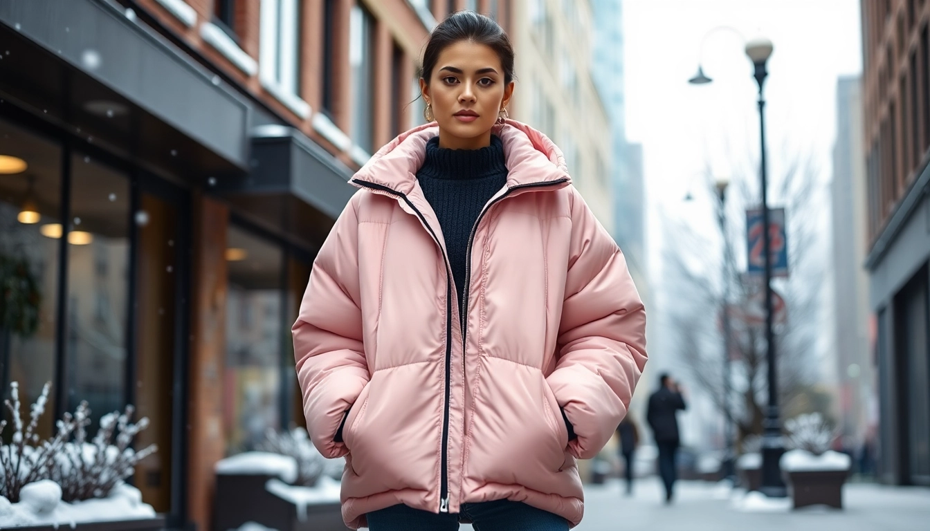 Model wearing an Oversize Puffer Jacket, displaying a trendy winter look in a snow-covered urban environment.