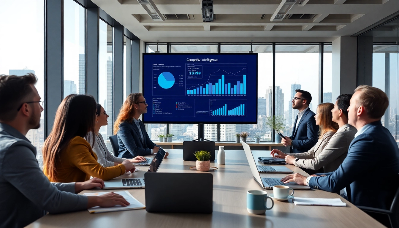 Analyze competitive intelligence data during a professional business meeting in a modern office.