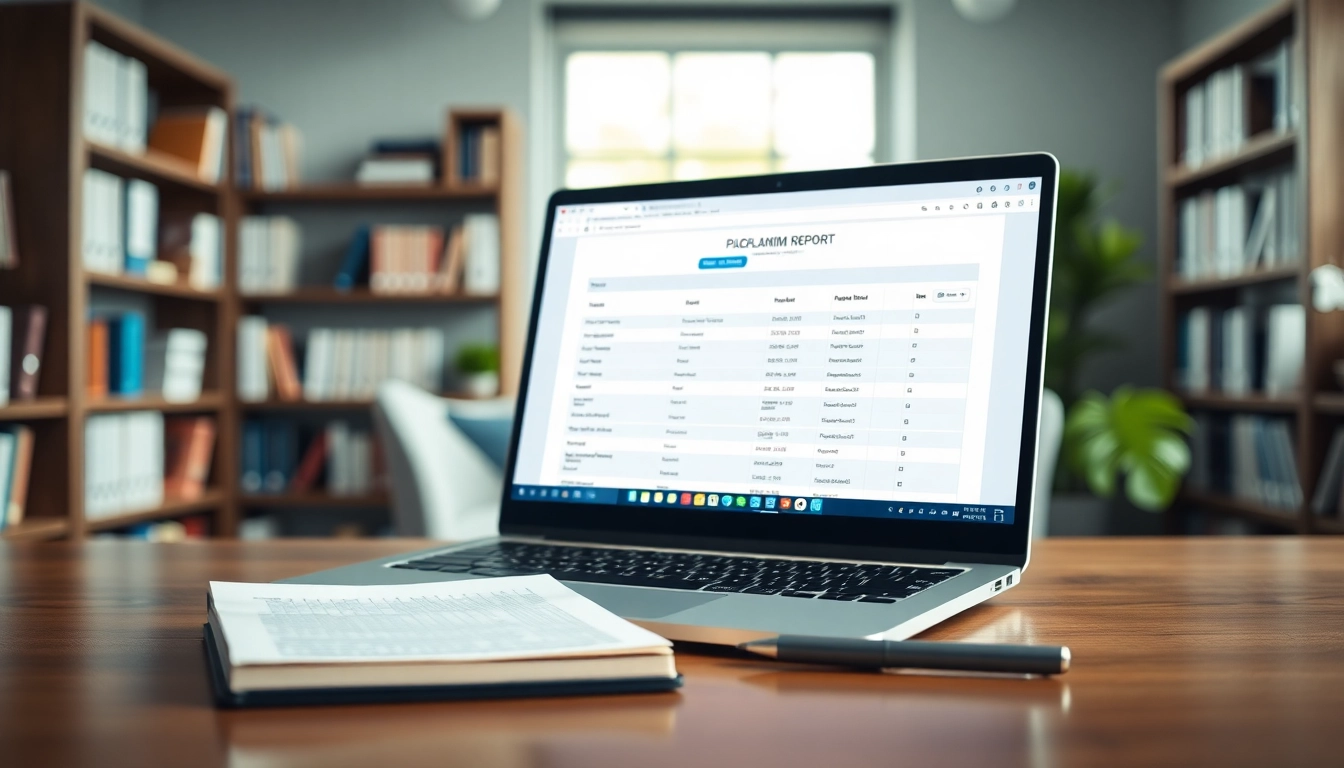 Check a document using a plagiarism checker tool on a laptop in a bright office.