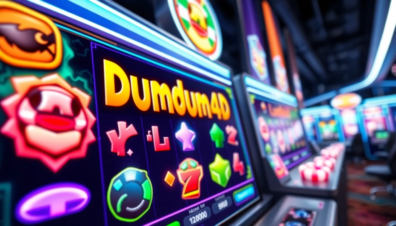 Masuk ke Dumdum4D Login slot dengan antarmuka modern dan simbol menarik.