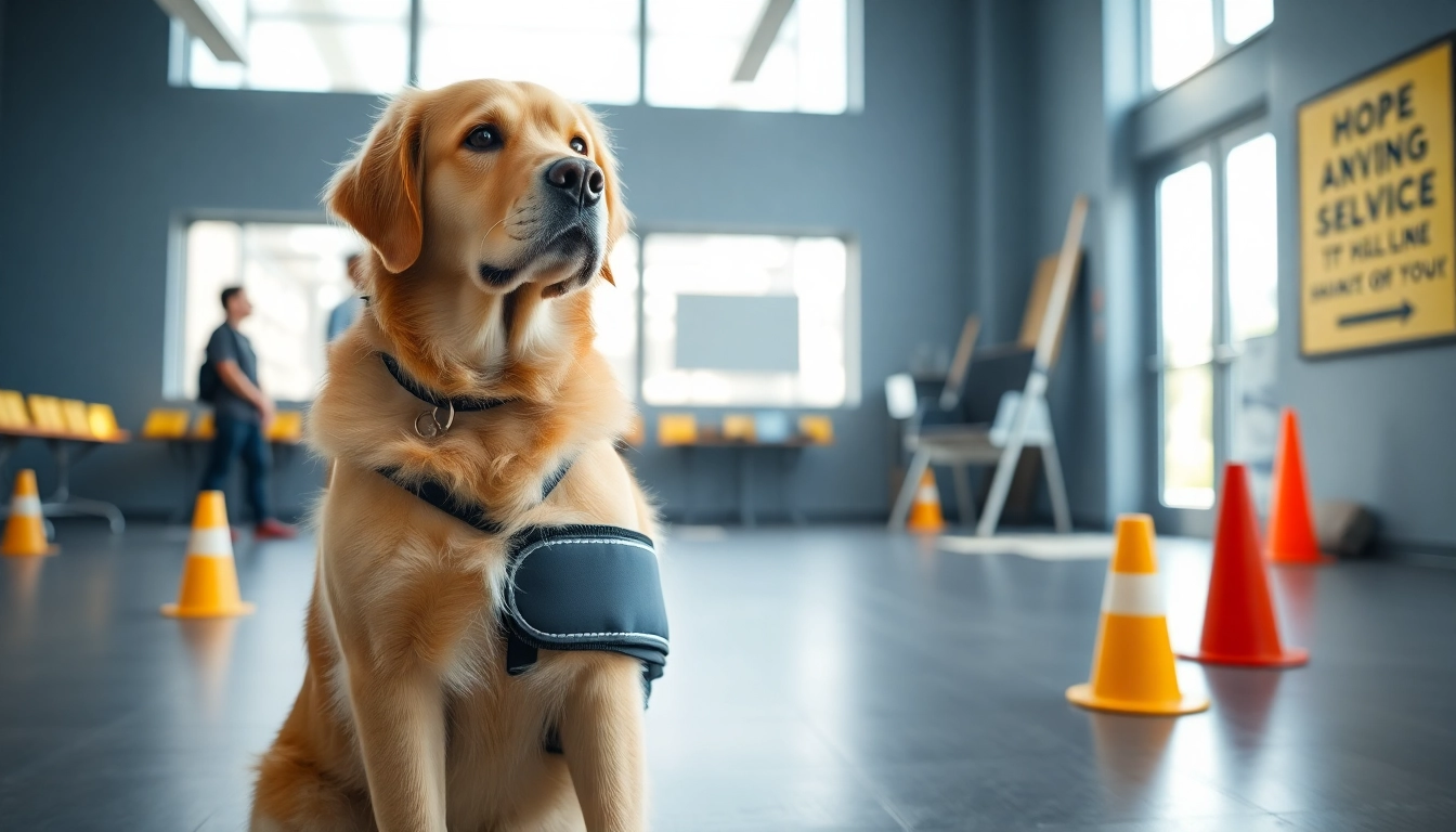 Trained service dog for sale, a golden retriever in a service vest, in a bright training center.