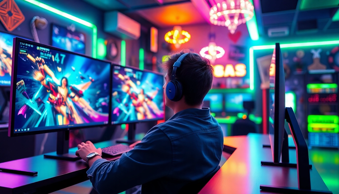 Menggambarkan gamer yang fokus bermain game online dengan latar belakang ruangan gaming yang cerah dan futuristik.