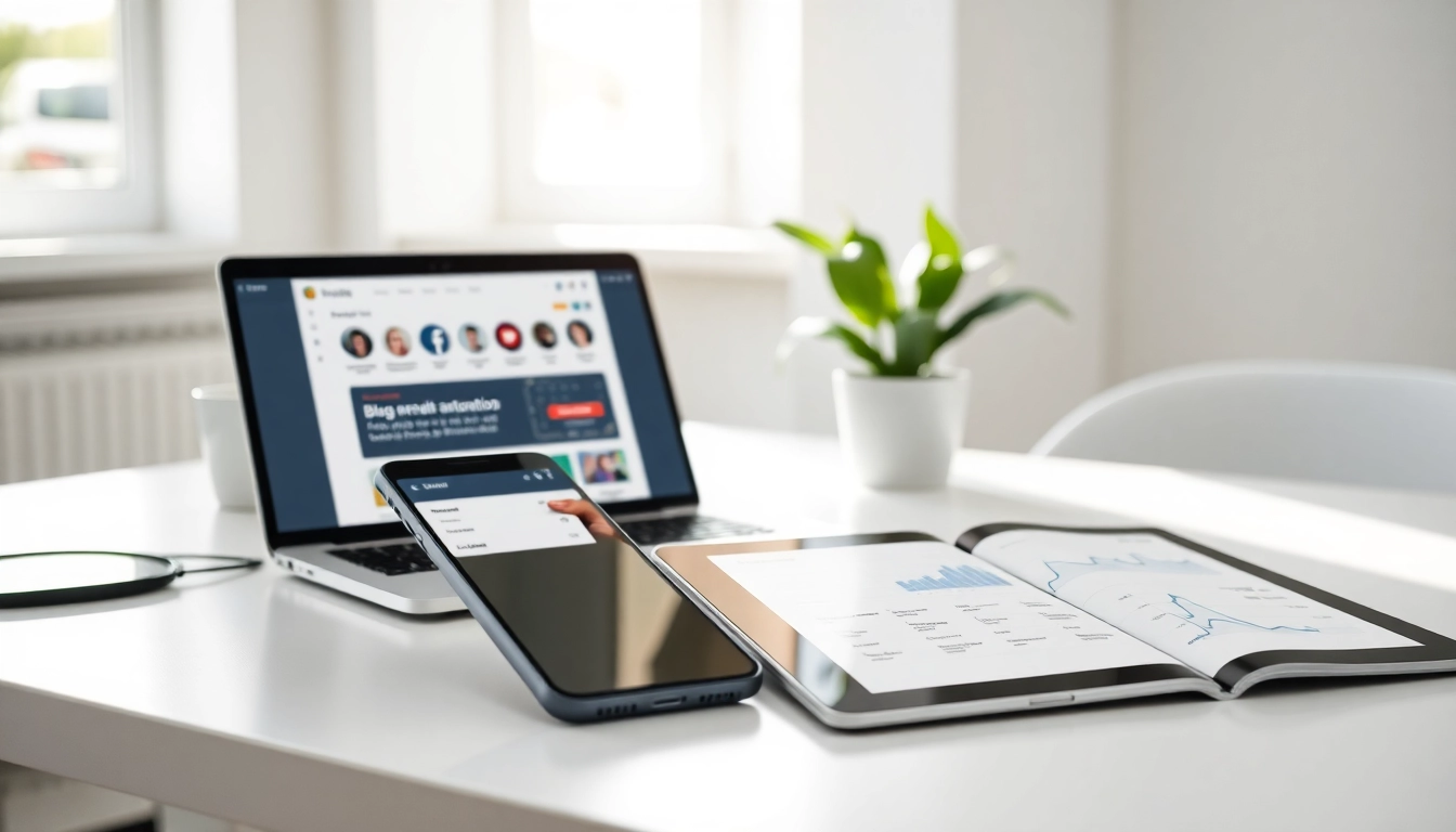 Showcasing social media and blog automation tools in a modern workspace setup