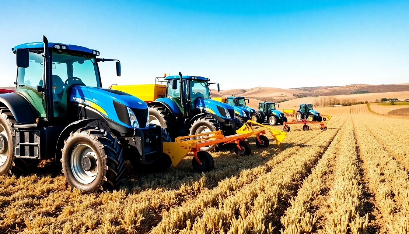 New Holland Traktor bei der Arbeit auf einem Feld mit klaren Himmel im Hintergrund.