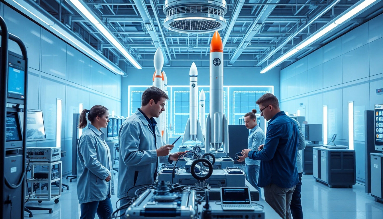 Engineers collaborate in a futuristic setting at Revenue Rocket Lab, showcasing innovation in rocket technology.