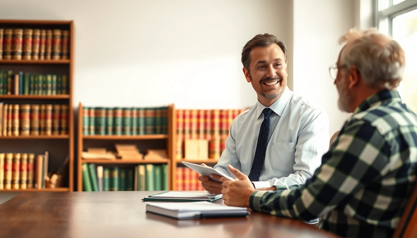 Agricultural law consultation featuring a professional lawyer advising a farmer in a well-lit office.