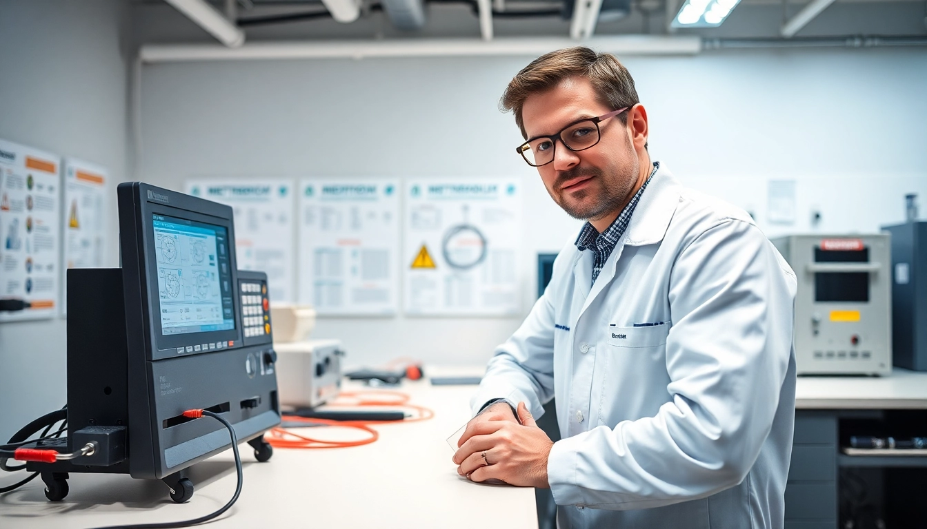 Electrical Testing technician using advanced equipment in a modern lab for diagnostics.