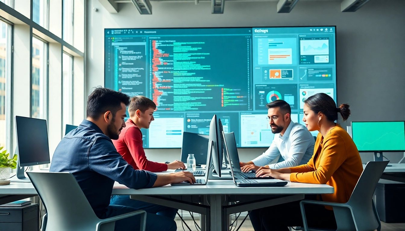 Engaged team collaborating in web development at modern workspace with tech-oriented atmosphere.