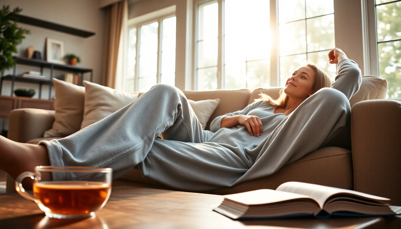 Relaxed woman in French terry sweatpants enjoying a cozy living room atmosphere.