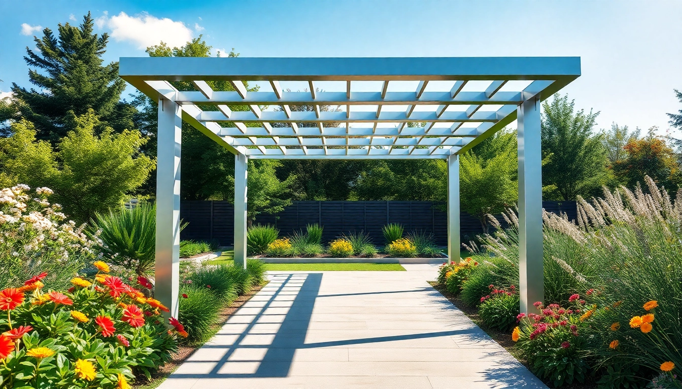 View a modern steel pergola surrounded by lush greenery and colorful flowers, emphasizing elegance and serenity.