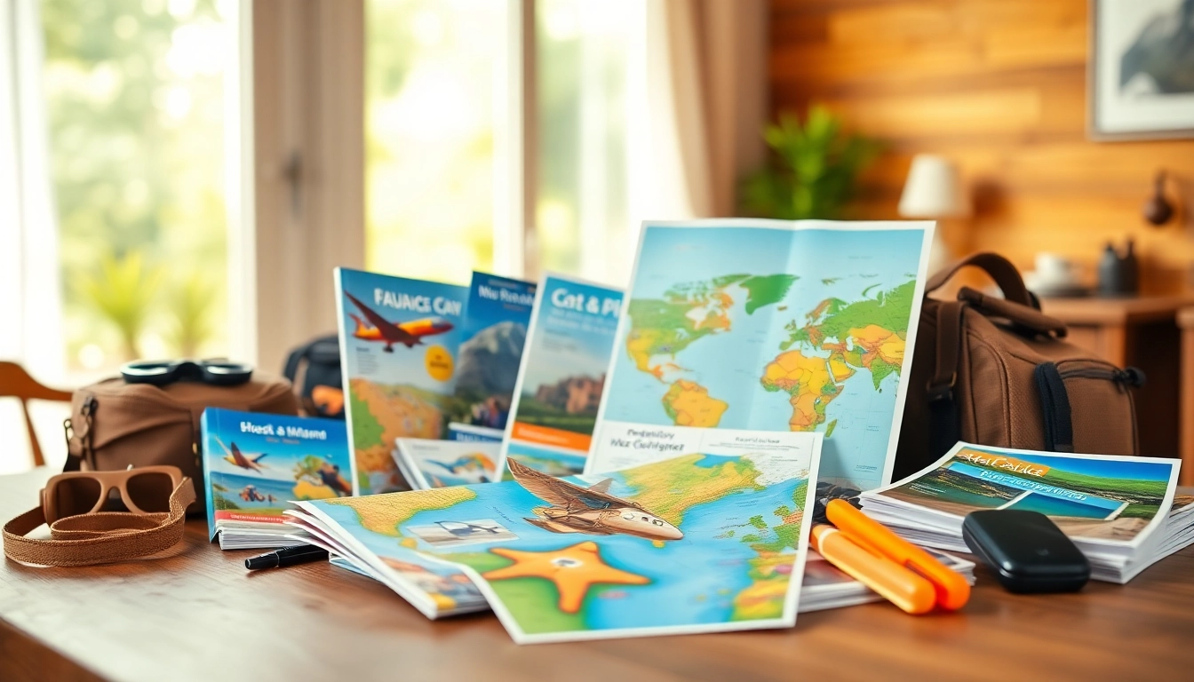 Discover enticing travel packages with vibrant brochures and travel essentials on display.