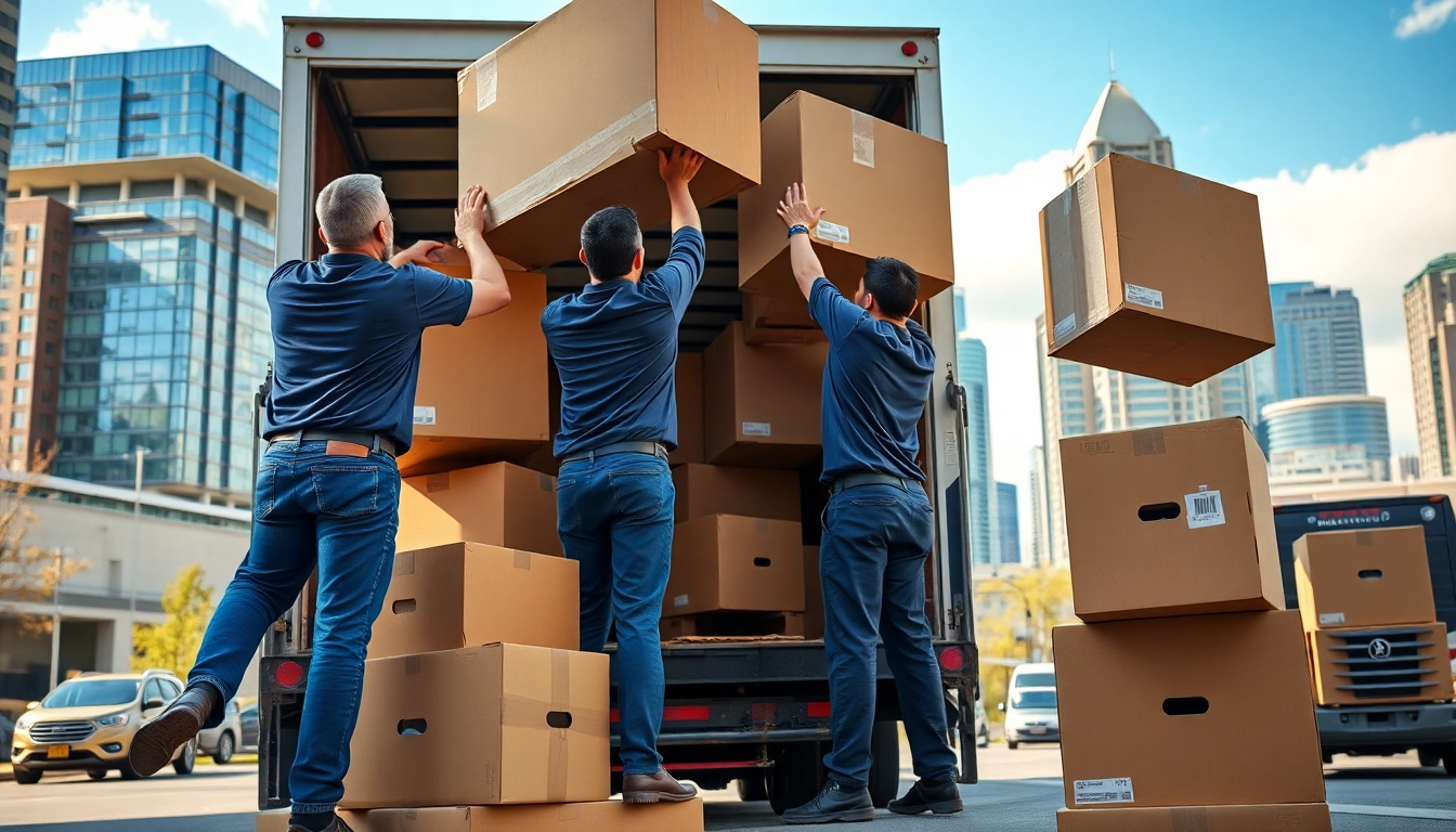 Movers Calgary efficiently packing and lifting items during a move with city skyline in background.