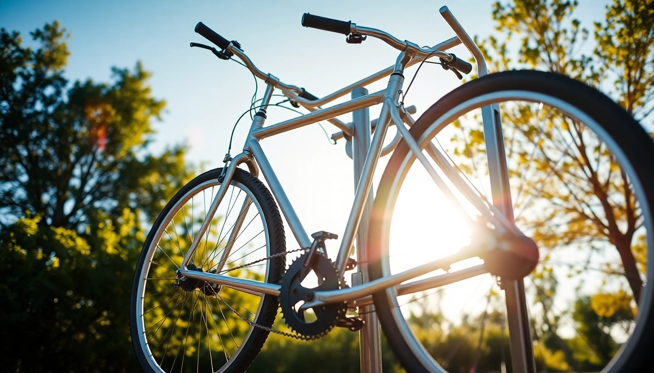 Showcase a Vertical bike rack holding multiple bicycles in a bright outdoor setting.