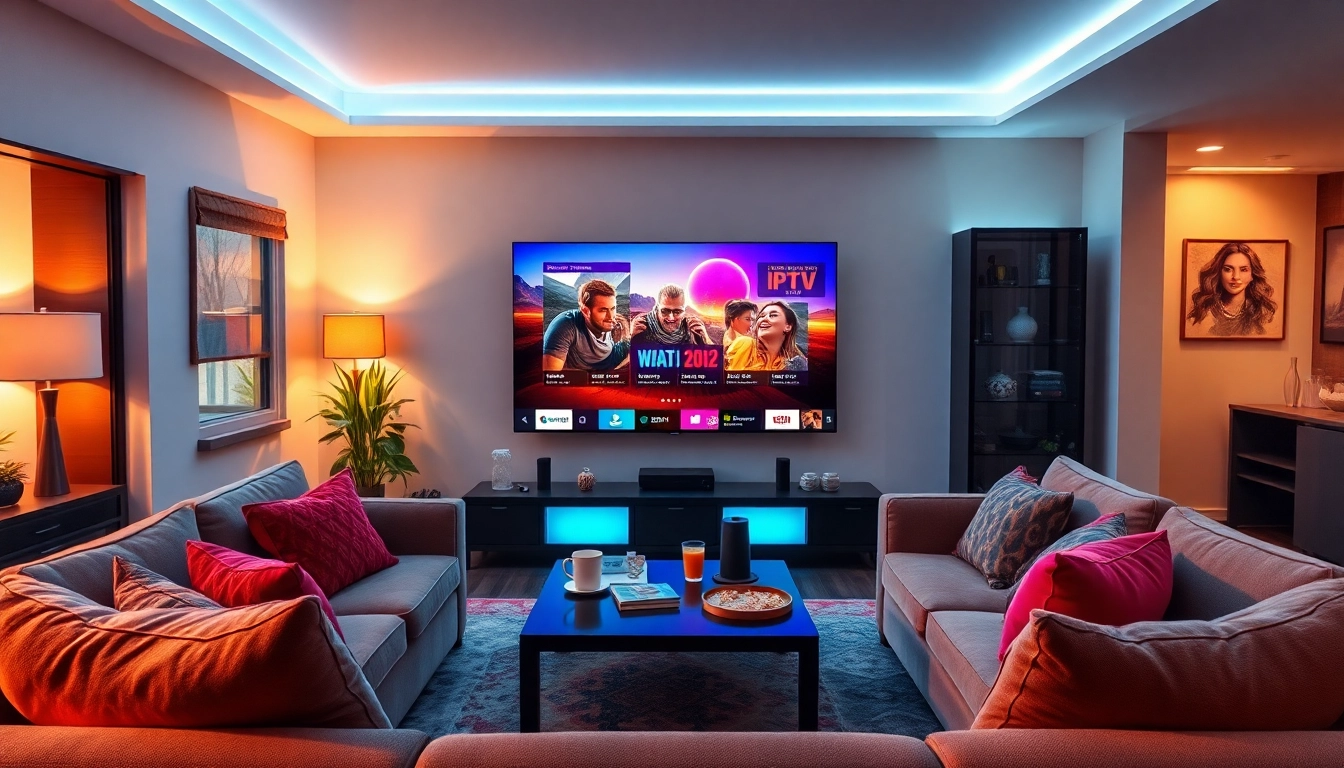 Comprar IPTV en un moderno salón con un televisor de pantalla plana vibrante.