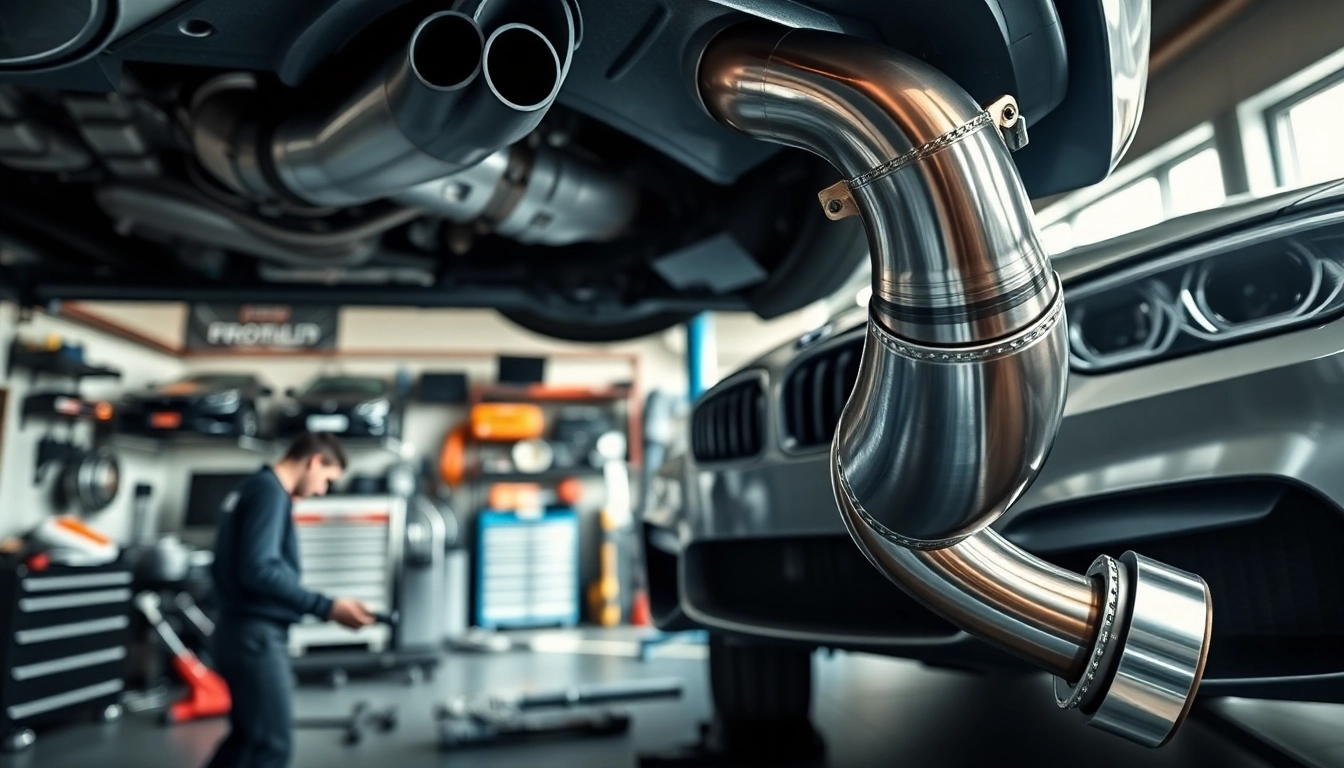 Mechanic installing f80 single midpipe on a BMW F80 M3 in a workshop