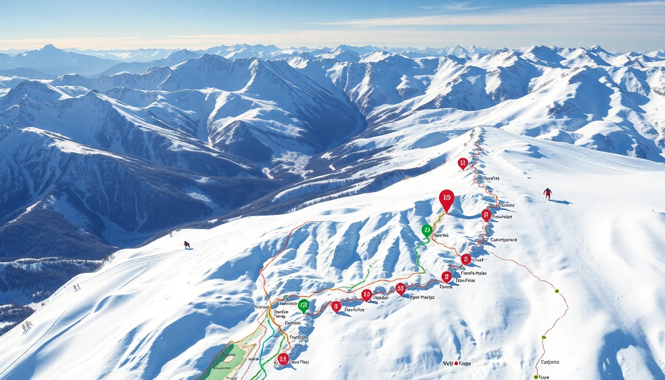 Ski map of Japan detailing ski areas and routes across beautiful snowy mountains.